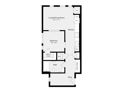 Floor plan for 1 bed, 1 bath, 657 sqft